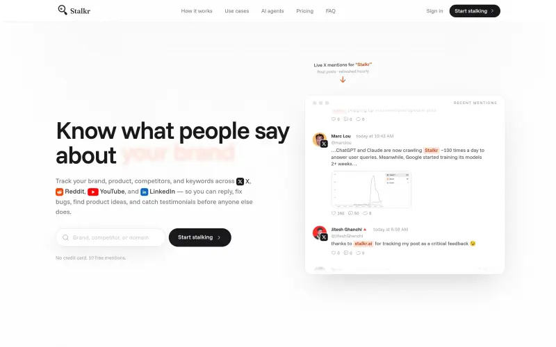 Stalkr homepage showing brand mentions across X, Reddit, YouTube, and LinkedIn in real-time monitoring
