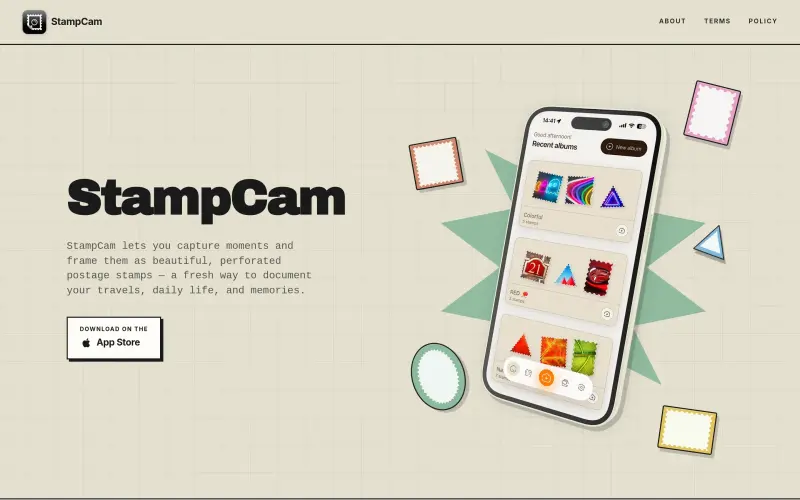 StampCam homepage showing Transform your photos into collectible postage stamp art