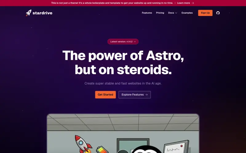 Stardrive homepage showing Get Astro websites running fast, built for AI