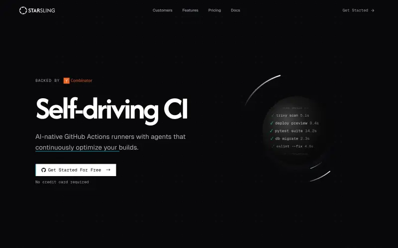 Starsling homepage showing AI-native CI runners for GitHub