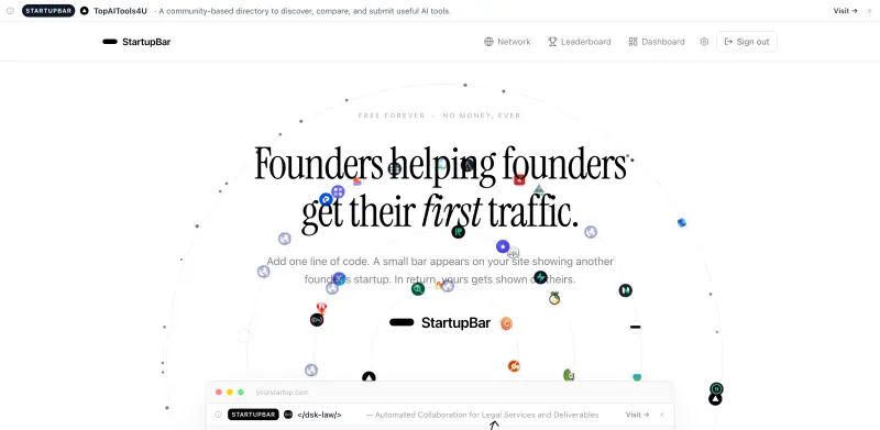 StartupBar homepage showing Trade a site bar for free traffic from other founders