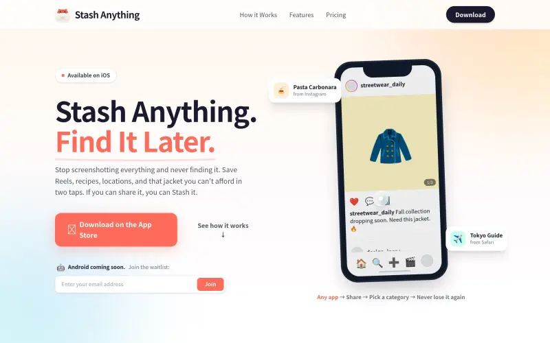 Stash Anything homepage showing Save anything from anywhere