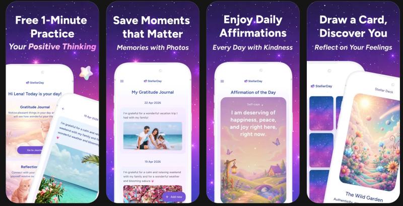 StellarDay: Gratitude Journal App homepage showing Free iPhone (and Android) gratitude journal with affirmations