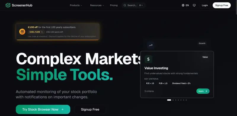 Stock Screener homepage showing Easily discover and track high-potential stocks with our intuitive screening