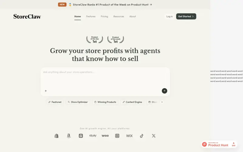 StoreClaw homepage showing store ops with AI automation