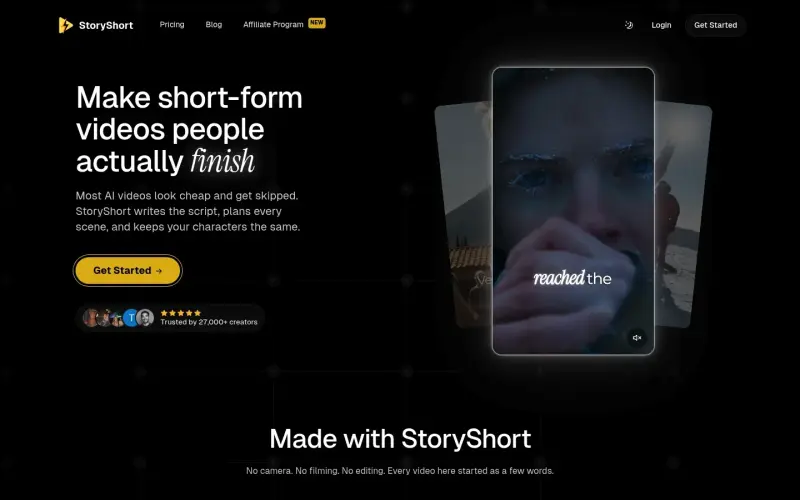 StoryShort homepage showing Scripted AI videos that look like they were made