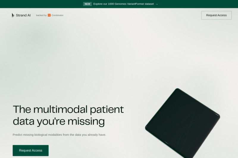 Strand AI homepage showing uses foundation models to predict missing patient data, helping pharma teams