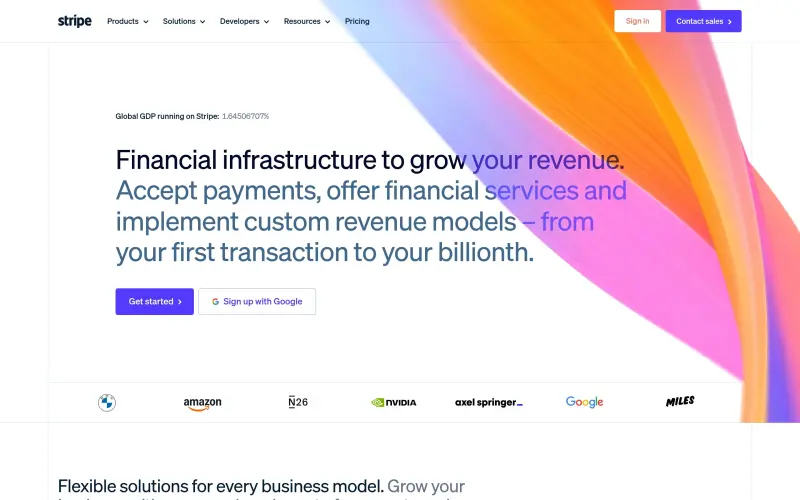 Stripe homepage showing Simplify your payment processing and financial management with a flexible and