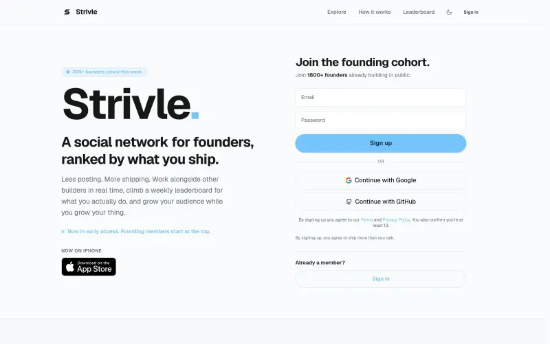 Strivle homepage showing A social network for founders, ranked