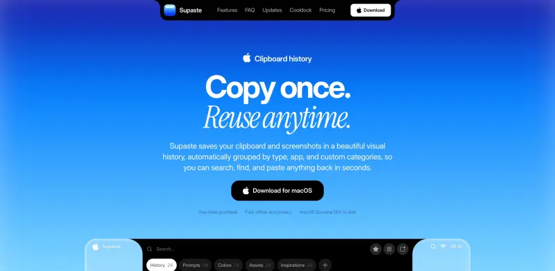 Supaste homepage showing Save and reuse clipboard history