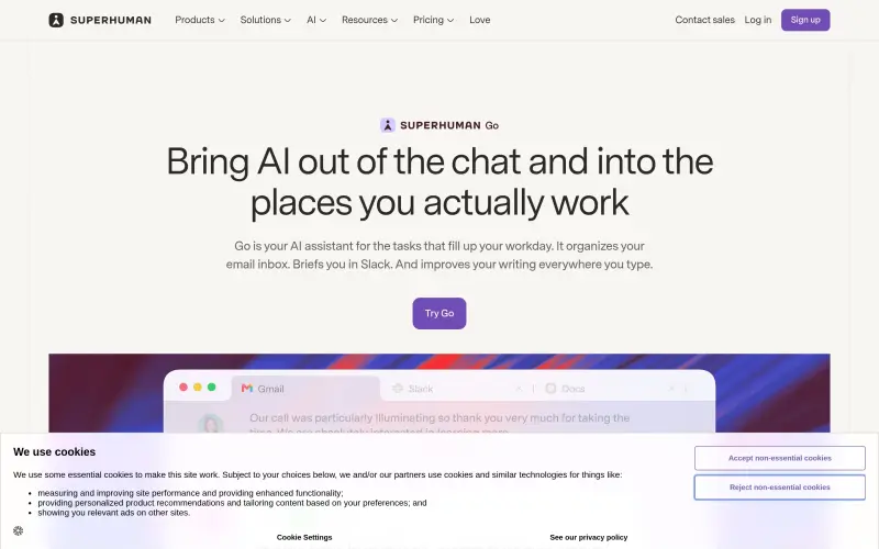 Superhuman Go homepage showing Your AI assistant, always on and ready to help