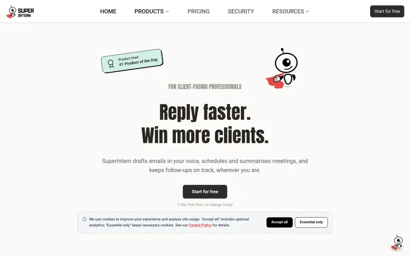 SuperIntern homepage showing Drafts emails, schedules meetings, and manages social media