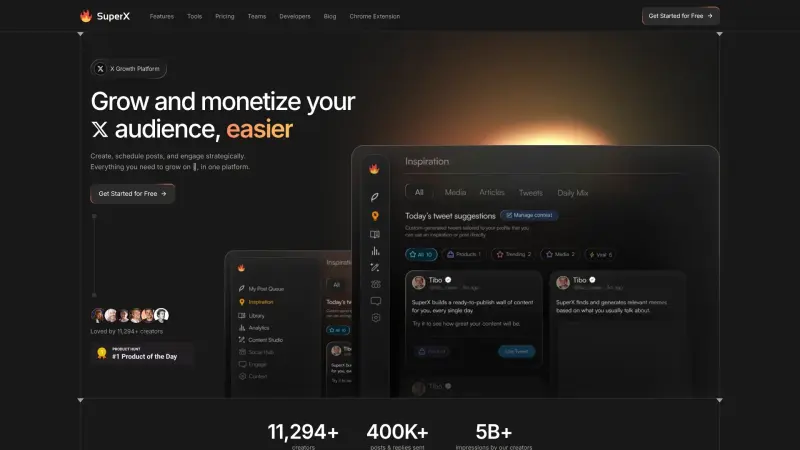 SuperX homepage showing Supercharge your audience growth on X (Twitter)