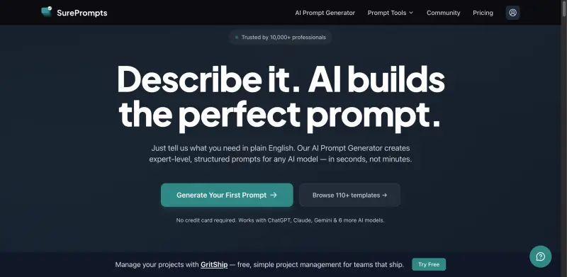 SurePrompts homepage showing Elevate your AI outcomes with precise, model-optimized prompts that drive