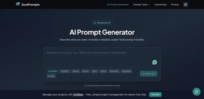 SurePrompts interface screenshot 2 showing Elevate your AI outcomes with precise, model-optimized prompts that drive