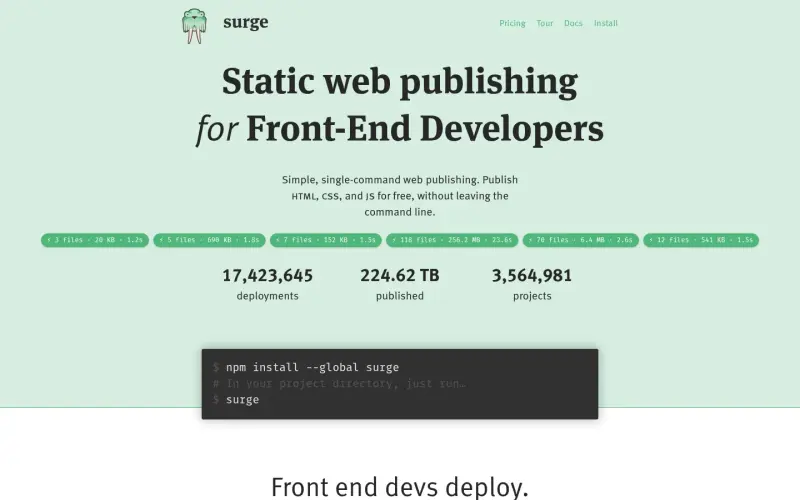 Surge homepage showing Deploy static sites from the CLI in seconds