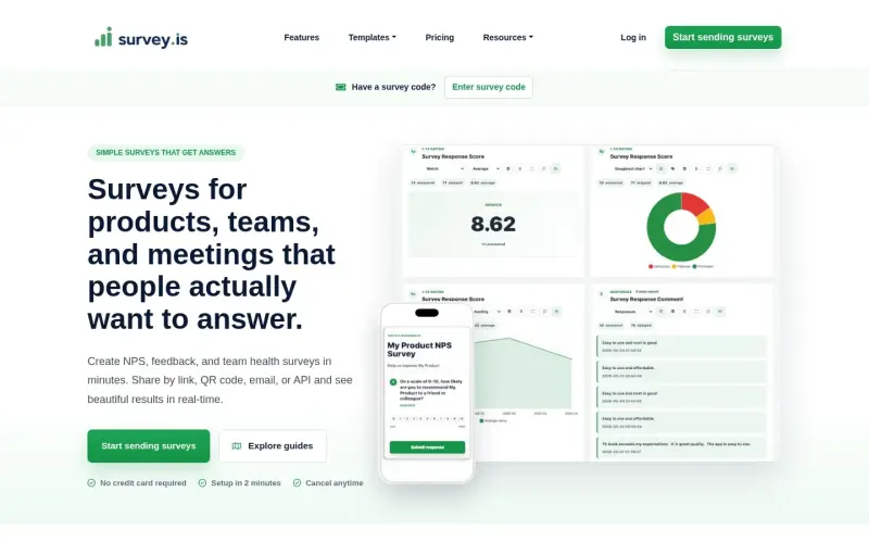 Survey.is homepage showing Easily create and share surveys to gather valuable insights from your team