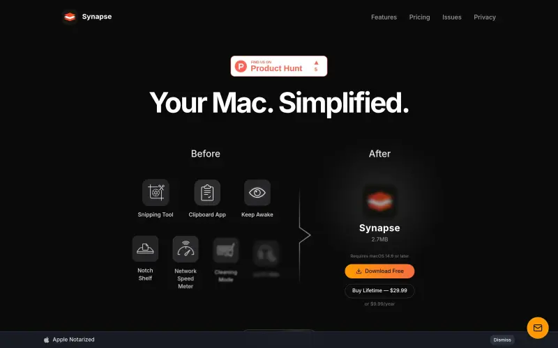 Synapse homepage showing Boost Mac productivity with smart tools