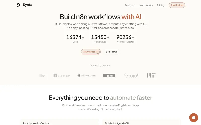 Synta homepage showing Build n8n workflows with AI
