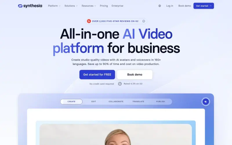 Synthesia homepage showing AI videos from text