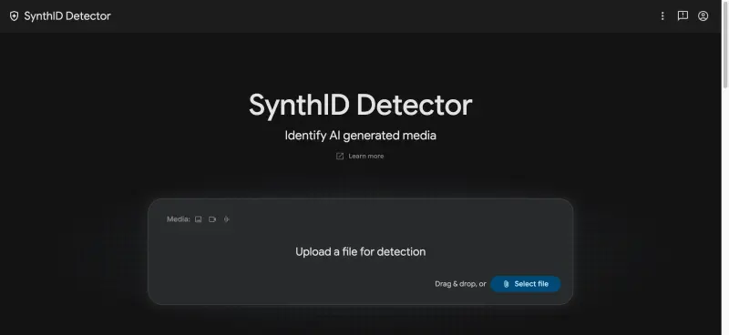 SynthID Detector homepage showing Verify IDs with AI-powered synthetic ID detection