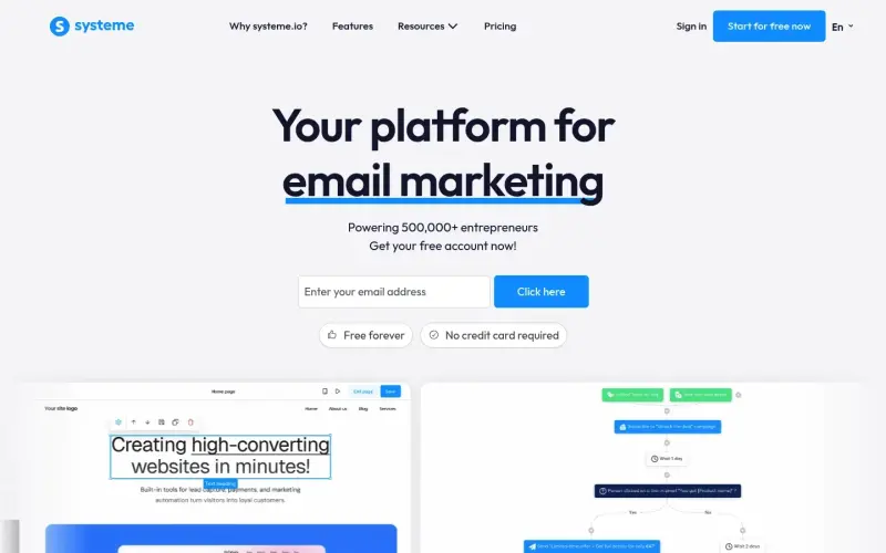 Systeme.io homepage showing Online business tools: sales funnels, email, courses, website