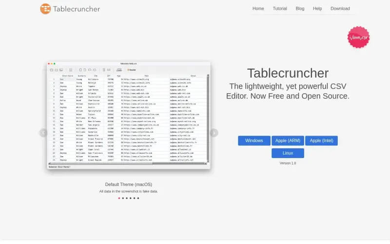 Tablecruncher homepage showing Free, open-source CSV editor for large tabular data