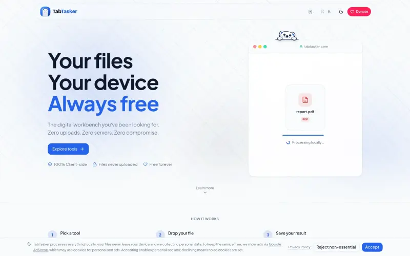 TabTasker homepage showing Offline tools for PDF, image, audio, and dev tasks