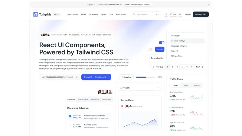 Tailgrids homepage screenshot - Build faster with 600+ reusable React UI components and blocks