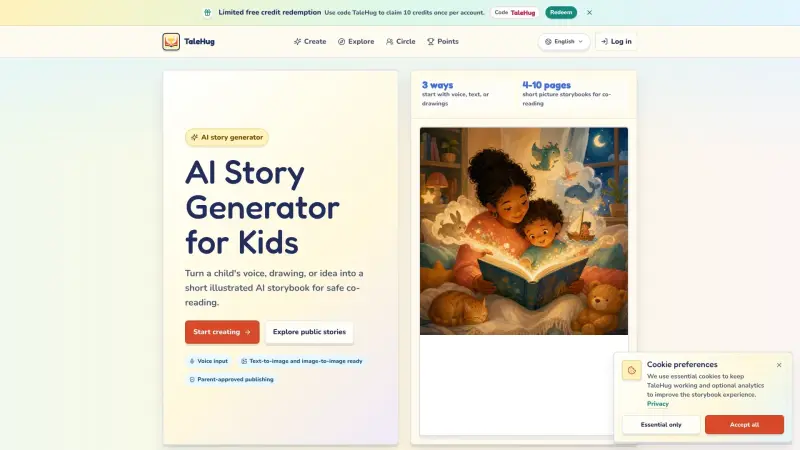 TaleHug homepage showing Create AI stories with kid's voice and drawings