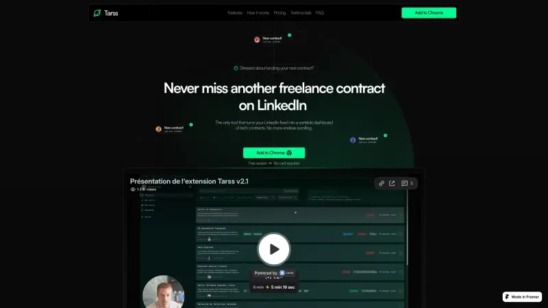 Tarss homepage showing Find off-market tech contracts on LinkedIn