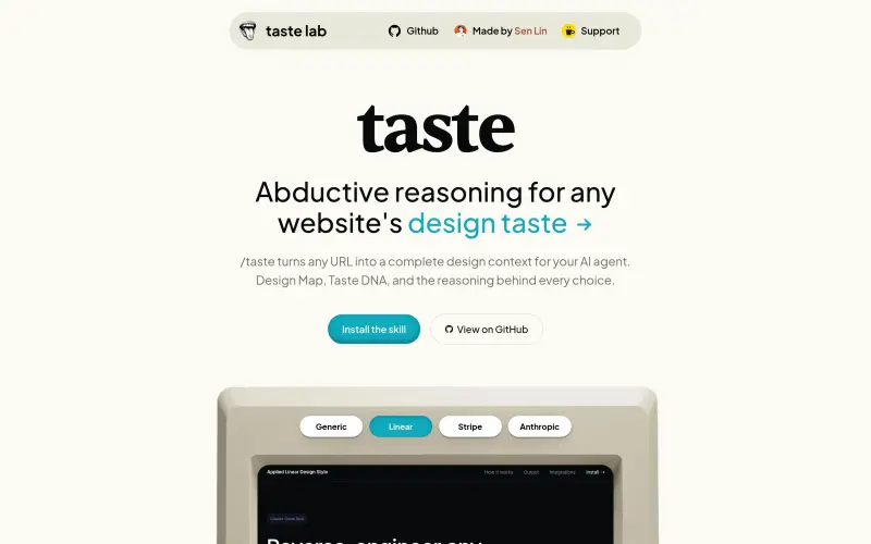 Taste Lab homepage showing Extract design taste from any website