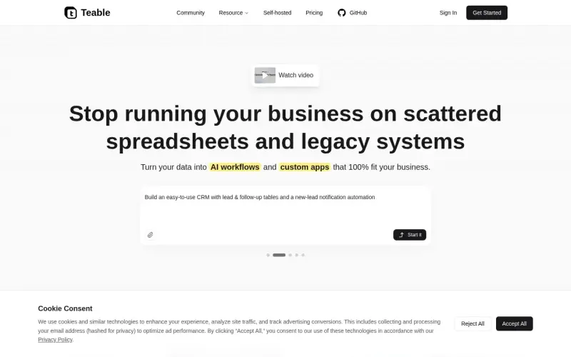 Teable homepage showing Turn data into AI workflows