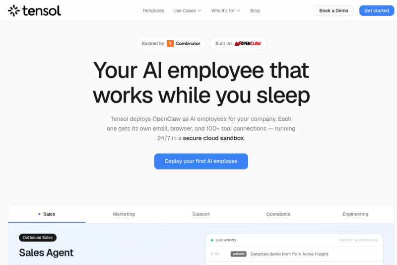 Tensol homepage showing Streamline business operations