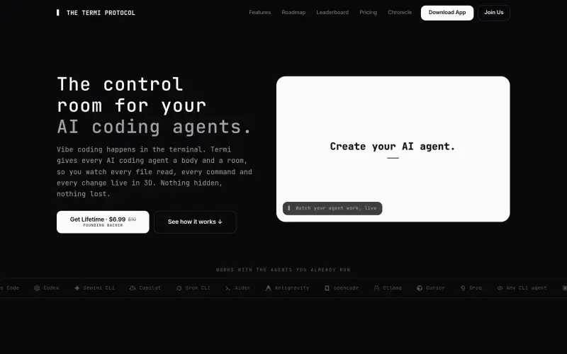Termi homepage showing Watch AI coding agents work live in 3D