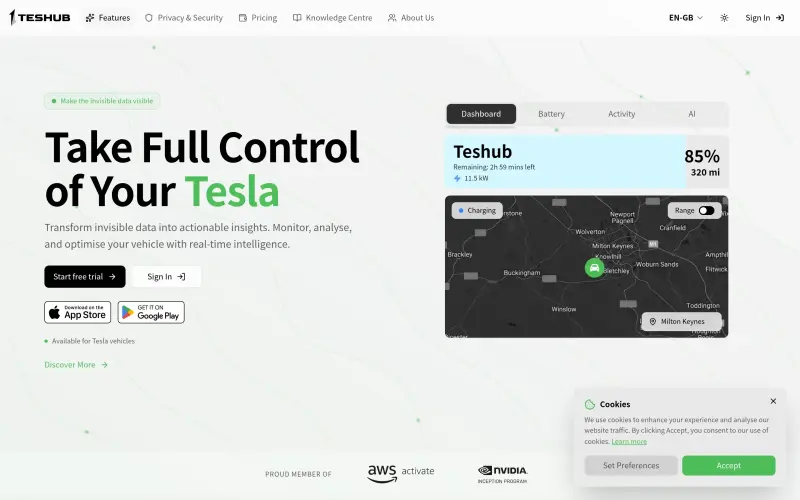 Teshub homepage showing Smart vehicle management for Tesla