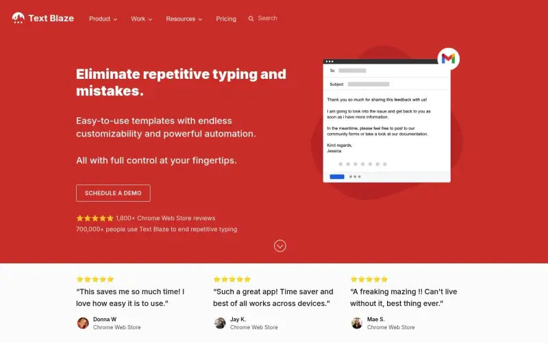 Text Blaze homepage showing Save time with customizable text snippets