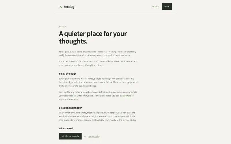 textlog homepage showing Your thoughts, shared simply