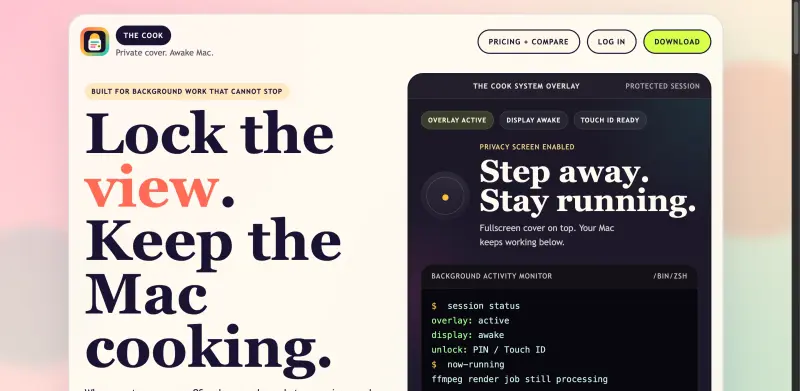 The Cook homepage showing Stay focused and secure with The Cook, keeping your screen awake and tasks