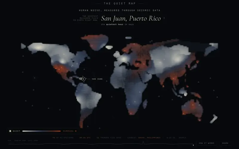 The Quiet Map homepage showing Live map of Earth's quietest spots