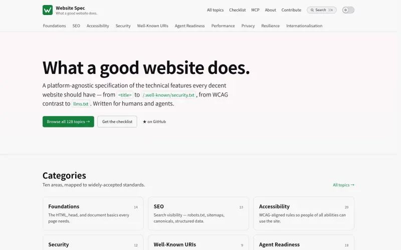 The Specification homepage showing Technical specs for better websites
