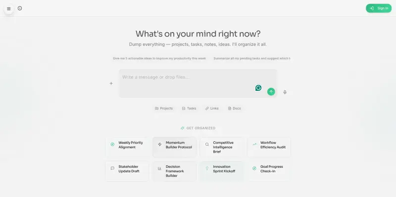 Thinklist homepage showing automatically turns your notes and messages into organized projects, tasks
