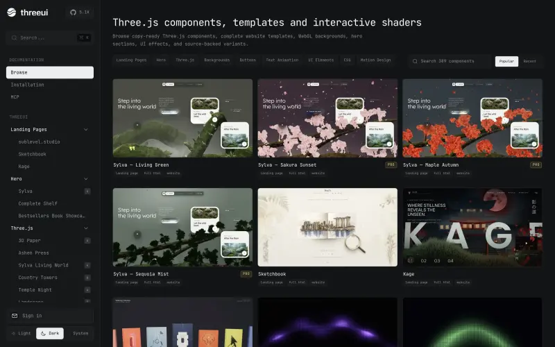 Threeui homepage showing Three.js Components, Templates & Interactive Shaders