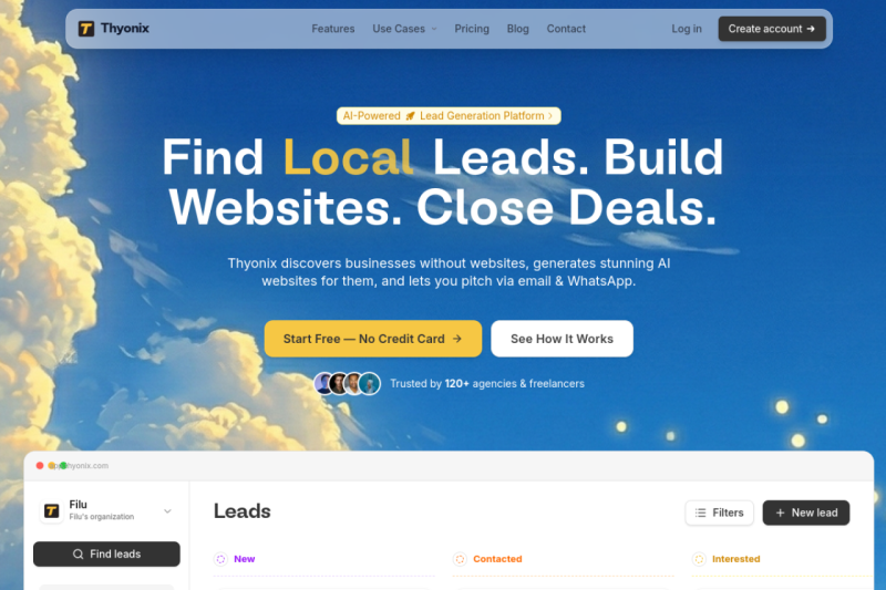Thyonix homepage showing lead generation and website creation to close more deals with local businesses