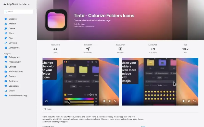Tintd homepage showing Colorize folder icons easily