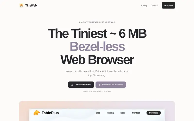 TinyWeb homepage showing Native, bezel-less web browsing for Mac, just 6 MB