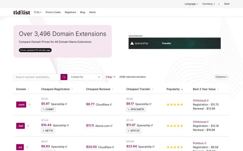 TLD-List homepage showing Compare 3,496 domain extensions. Registration, renewal, transfer — all in one