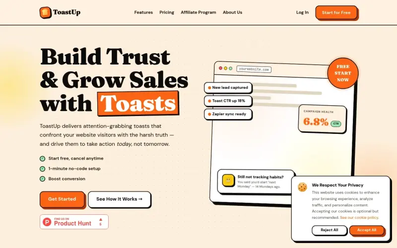 ToastUp homepage showing Convert website visitors with no-code toasts