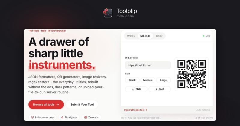 Toolblip homepage showing Free online developer tools. JSON, Base64, QR, and 490+ more. No signup