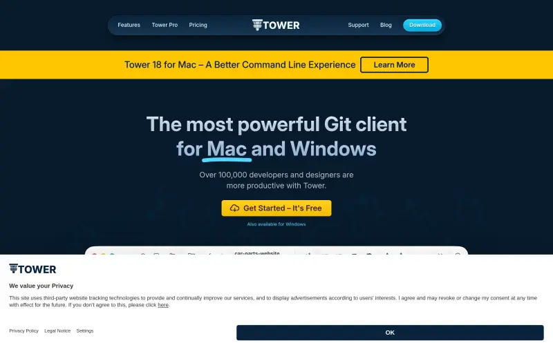 Tower homepage showing Mac Git client for developers with AI-powered commits